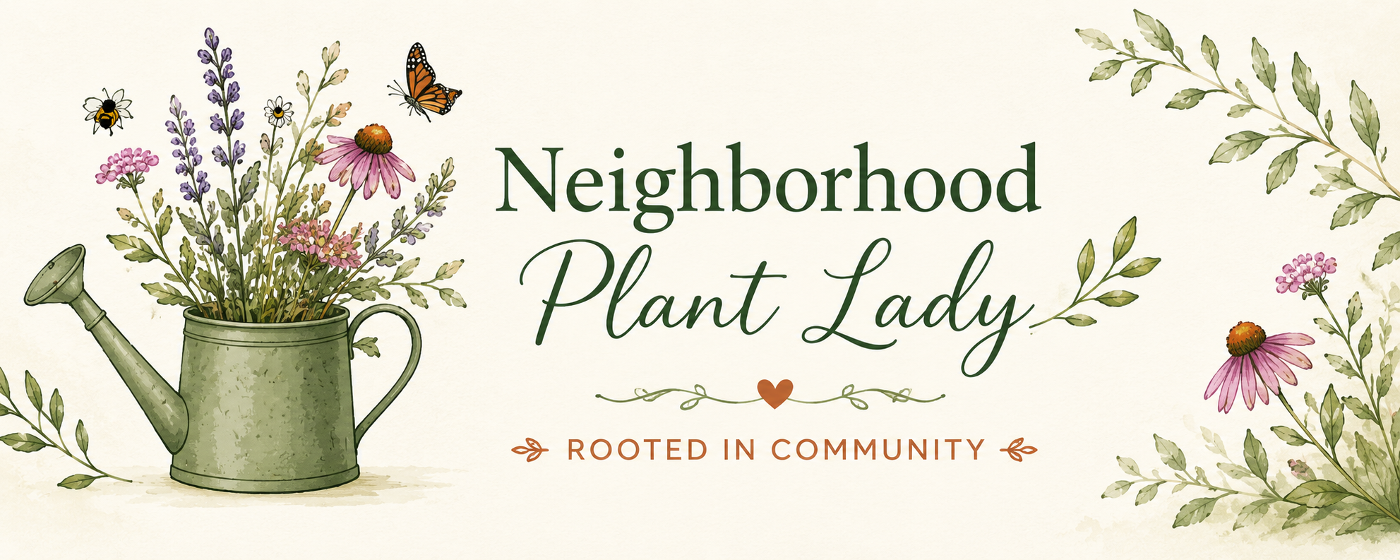 Neighborhood Plant Lady with a watercolor watering can, garden flowers, a bee, and a monarch butterfly